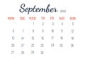 Month is September 2021. Page of full month of calendar on white isolated background. Concept of calendar date
