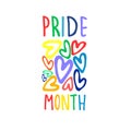 Month of sexual diversity celebrations. Hand-lettered logo with rainbow-colored hearts