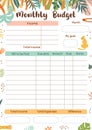 Monthly budget planner template for print. Printable budget planner, worksheet A4 size. Jungle worksheet