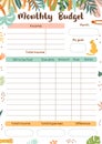 Monthly budget planner template for print. Printable budget planner, worksheet A4 size. Vector