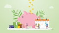 Monthly budget planning concept with saving piggy icon and calendar with team people and modern flat style - vector Royalty Free Stock Photo