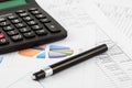 Monthly budget spreadsheet, pen and calculator Royalty Free Stock Photo