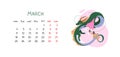 Monthly calendar for March 2024 Chinese new year. Long dragon holding bouquet of spring flowers.