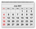 Monthly calendar - month July 2021