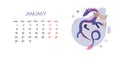 Monthly calendar for New year January 2024 with flat dragon character. Vector isolated