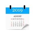 Monthly calendar 2019 with page curl. Tear-off calendar for August. White background. Vector illustration