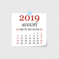 Monthly calendar 2019 with page curl. Tear-off calendar for August. White background. Vector illustration