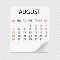 Monthly calendar 2018 with page curl. Tear-off calendar for August. White background.