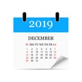 Monthly calendar 2019 with page curl. Tear-off calendar for December. White background. Vector illustration Royalty Free Stock Photo