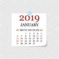 Monthly calendar 2019 with page curl. Tear-off calendar for January. White background. Vector illustration Royalty Free Stock Photo