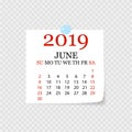 Monthly calendar 2019 with page curl. Tear-off calendar for June. White background. Vector illustration Royalty Free Stock Photo