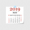 Monthly calendar 2019 with page curl. Tear-off calendar for May. White background. Vector illustration Royalty Free Stock Photo