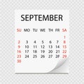 Monthly calendar 2018 with page curl. Tear-off calendar for September. White background. Royalty Free Stock Photo