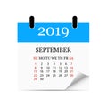 Monthly calendar 2019 with page curl. Tear-off calendar for September. White background. Vector illustration Royalty Free Stock Photo