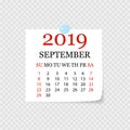 Monthly calendar 2019 with page curl. Tear-off calendar for September. White background. Vector illustration Royalty Free Stock Photo