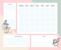 Monthly calendar planner page design template for children. Cute hand drawn little mouse character. Royalty Free Stock Photo