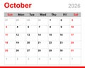 October 2026 calendar. Monthly calendar layout for October 2026. Royalty Free Stock Photo