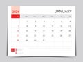 Monthly calendar template for 2024 year, January design, Planner, Desk calendar 2024 design, Week Starts on Sunday, Wall calendar