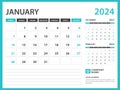 Monthly calendar template for 2024 year. January 2024 year, Week Starts on Sunday, Desk calendar 2024 design, Wall calendar,