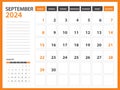Monthly calendar template for 2024 year - September 2024 year, Week Starts on Sunday, Desk calendar 2024 design, Wall calendar,