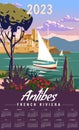 Monthly calendar 2023 year French Riviera Antibes Retro Poster. Tropical coast scenic view, palm, Mediterranean marine