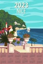 Monthly calendar 2023 year Nice French Riviera coast poster vintage. Mediterranean Resort, coast, sea, palms, beach