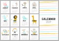 Monthly creative calendar 2019 with cute animals. Concept, vector vertical editable template. Symbol of the year in the Royalty Free Stock Photo