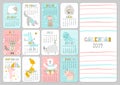 Monthly creative calendar 2019 with cute animals. Concept, vector vertical editable template. Symbol of the year in the Royalty Free Stock Photo