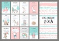 Monthly creative calendar 2018 with cute animals. Concept, vertical template