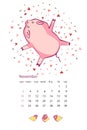 Monthly creative calendar 2019 with cute pig. Concept, vector vertical editable template. Symbol of the year in the Royalty Free Stock Photo