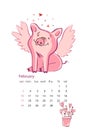 Monthly creative calendar 2019 with cute pig. Concept, vector vertical editable template. Symbol of the year in the Royalty Free Stock Photo