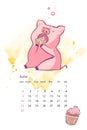 Monthly creative calendar 2019 with cute pig. Concept, vector vertical editable template. Symbol of the year in the Royalty Free Stock Photo