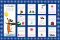 Monthly creative calendar 2018 with dachshund on blue fabric knitted background