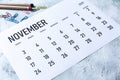 Monthly November 2019 calendar Royalty Free Stock Photo