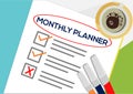 Monthly Planner or planning icon concept. One task failed. Paper sheets with check marks, abstract text and marker.