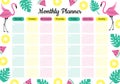 Monthly planner for summer with flamingos, tropical leaves and fruits