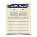 Monthly planner template design with grunge element notes and to do list