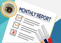 Monthly Report or planning icon concept. One task failed. Paper sheets with check marks, abstract text and marker.