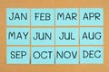 12 months acronyms on blue sticky notes calendar