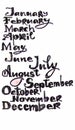 The months of the year pattern, colored hand drawn letters with pixel art model over white, calendar cover.