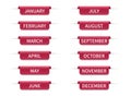 Months of the year. Set of thin bookmarks. Red stickers or folded notes. 3d labels with shadows Royalty Free Stock Photo