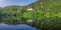 Monticchio Lake with famous Abbey and Monte Vulture, Basilicata, Italy