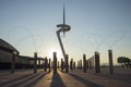 Montjuic Communications Tower by Santiago Calatrava 1991 and street lamps in the afternoon, Anella Olimpica. Barcelona. Cataloni Royalty Free Stock Photo