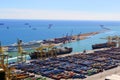 Montjuic hill, view of the sea and the shipping port in Barcelona, Barcelone, Spain.