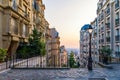 Montmartre district of Paris. Morning Montmartre staircase in Paris, France. Europa. View of cozy street in quarter Montmartre in