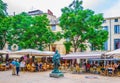 MONTPELLIER, FRANCE, JUNE 25, 2017: People are sitting at restaurants at Place jean Jaures in the center of Montpellier, France