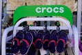 Crocs text sign and logo brand of American company store manufactured foam clog
