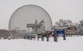 Montreal biosphere and Jean Drapeau park covered in snow