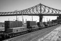 Montreal BW port scene with trains containers and bridge