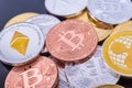 Stacked cryptocurrency coins Bitcoin, Ethereum, Ripple